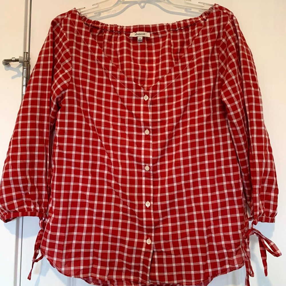 Madewell Red Plaid Off Shoulder Top